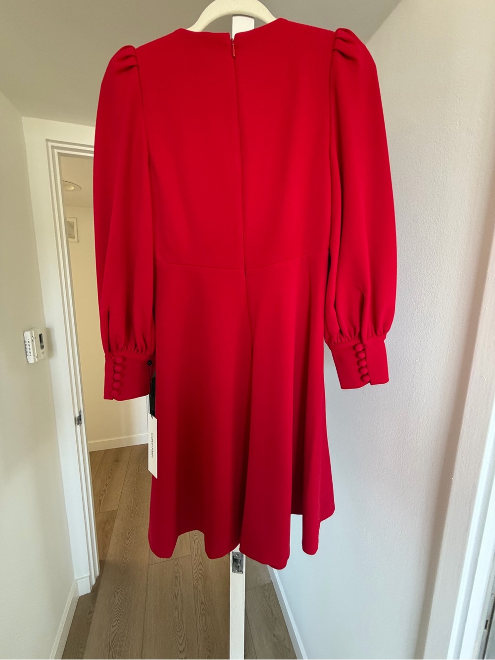 Calvin Klein Bold Red V-Neck Mini Dress with Puff Sleeves - Picture 2 of 3